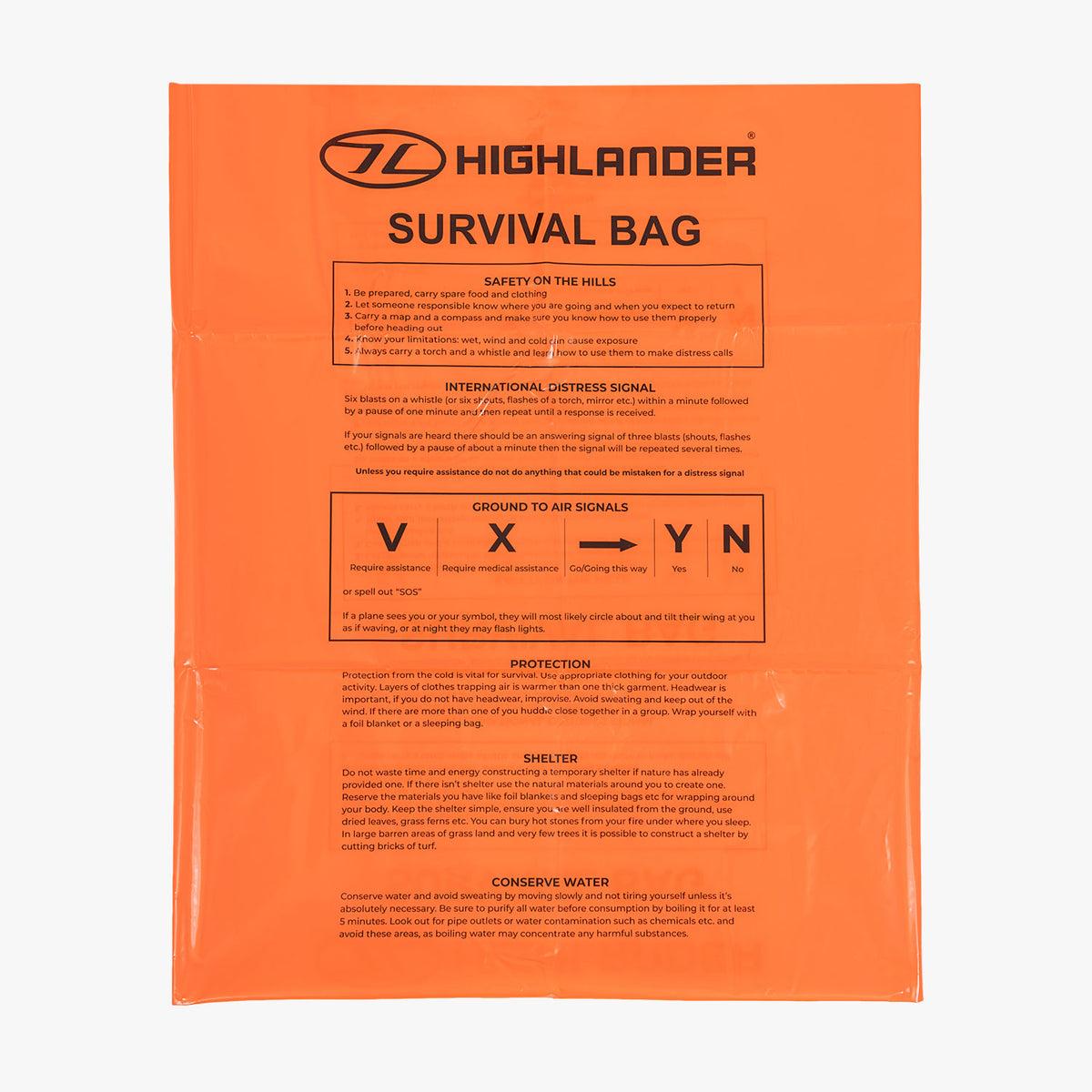 Orange Highlander Survival Bag with printed safety instructions