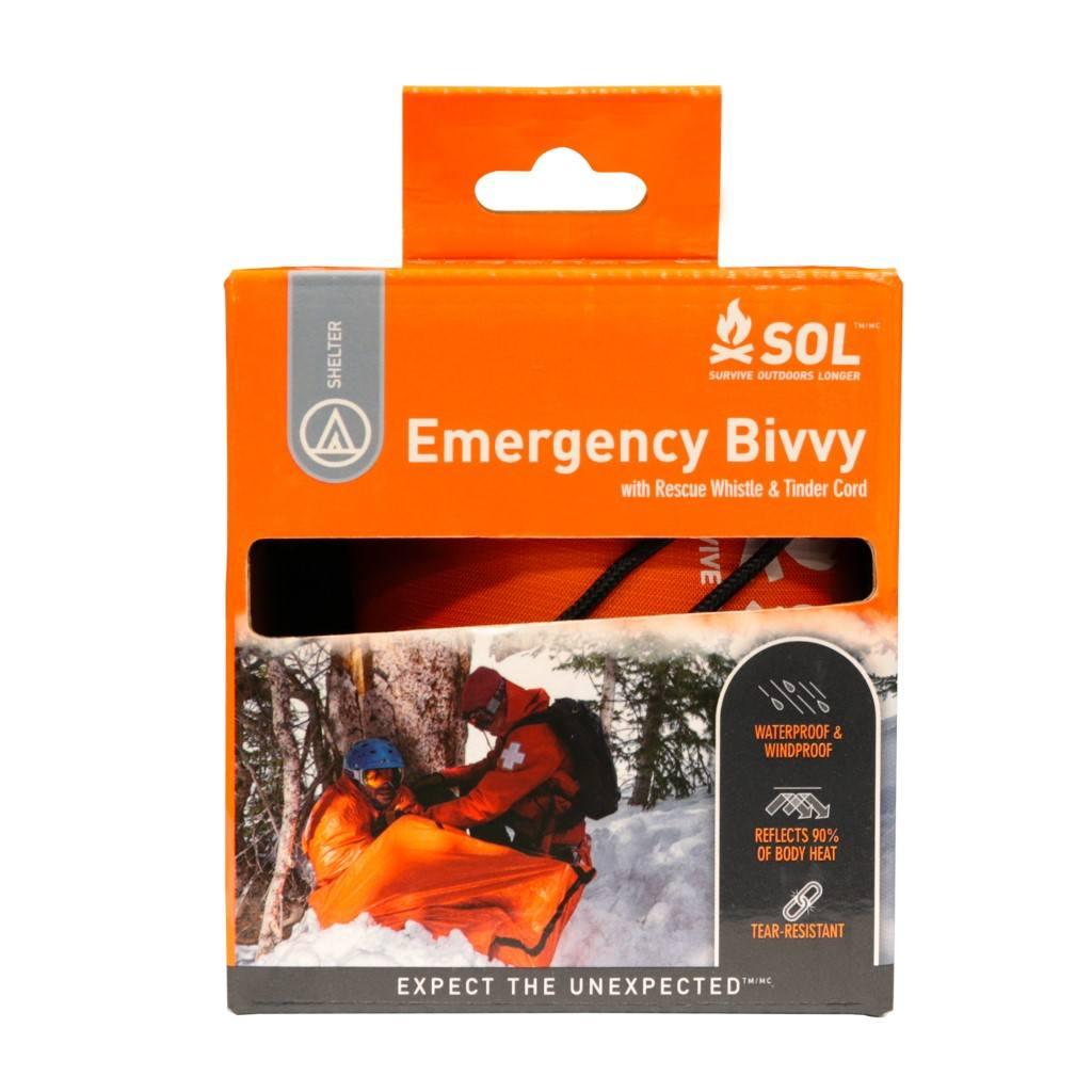 SOL Emergency Bivvy with rescue whistle in its orange retail box